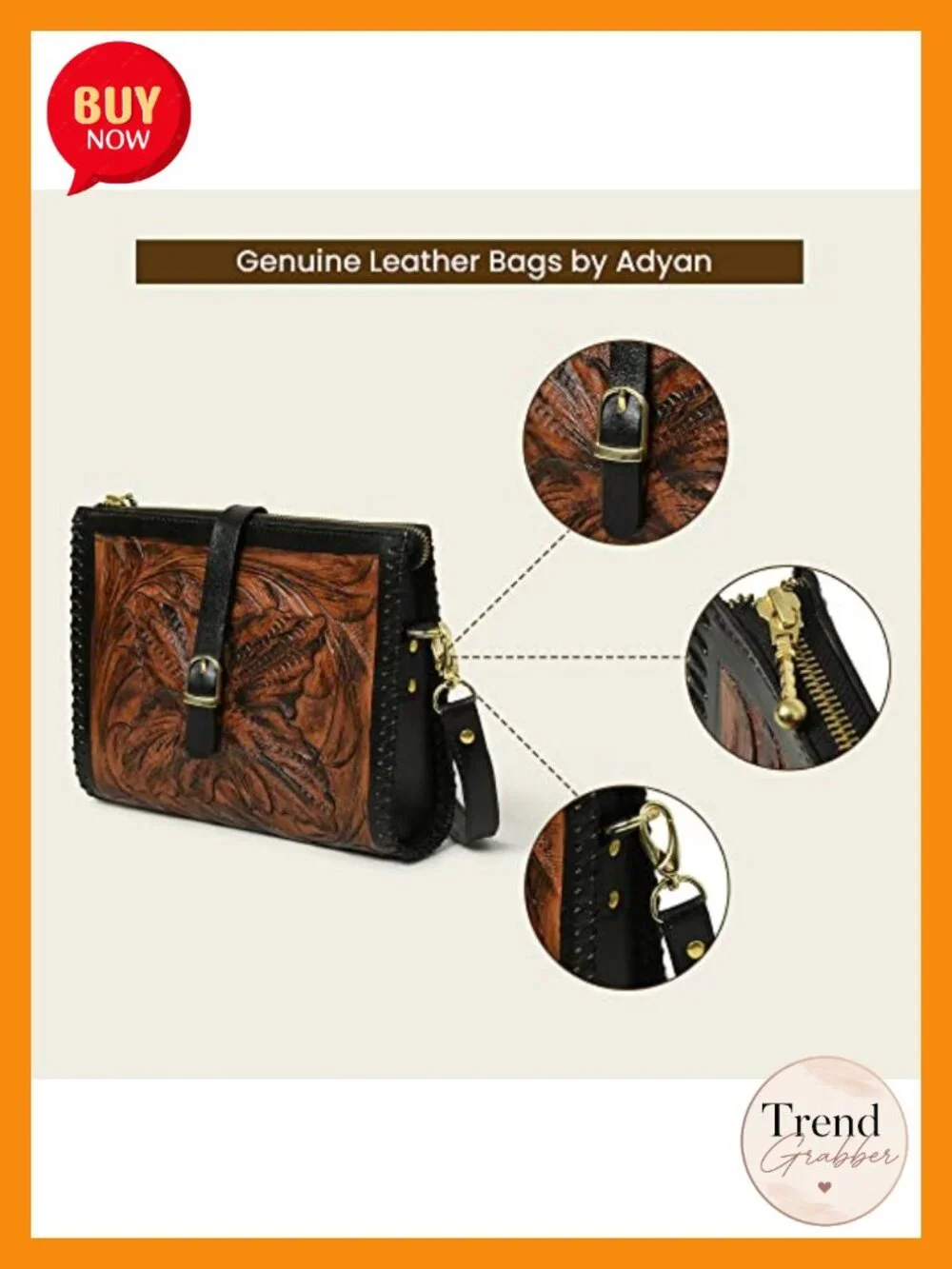 Genuine Leather Crossbody Bag for Women Sling Purse Satchel Hand-tooled Floral